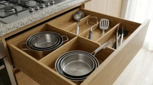 A tidy, minimalist drawer setup achieved using adjustable drawer dividers.