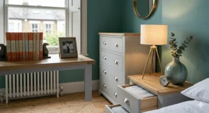 A modern chest and bedside table set styled with a designer lamp, books, and a ceramic vase for a curated interior aesthetic.