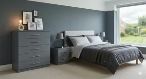 Alt text for image 9: The budget furniture set in a trendy slate grey finish, accessorised with a lamp and books to show lifestyle appeal.