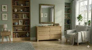 A contemporary grey wide chest of drawers featuring minimalist handles in a bright British semi-detached home.