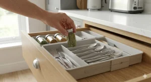 Close-up of modular drawer dividers organising socks and accessories in a bedroom chest of drawers.
