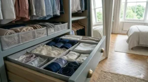 Modular, soft drawer dividers easily configured to fit different garment sizes, ensuring delicate clothes stay wrinkle-free.