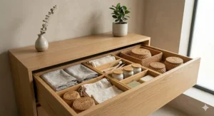 A bird’s-eye view demonstrating how to arrange a modular drawer organisers set for custom space saving.