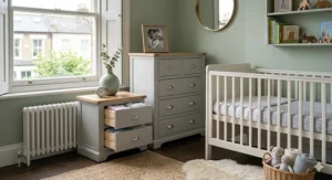 A white chest and bedside table set used in a bright nursery, providing practical storage for baby clothes and essentials.