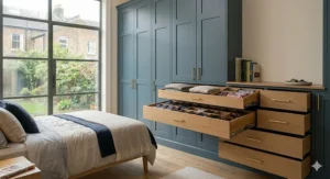 A solid oak bedside table with soft close drawers, perfect for quiet nighttime access in a master bedroom.