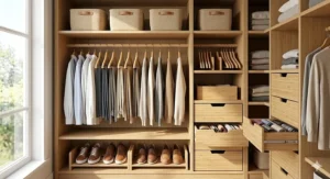 An adjustable width drawer organiser being used to keep stationery and office supplies tidy on a desk.