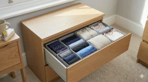 An overhead view of a chest of drawers fully organised with fabric dividers, neatly separating folded baby clothes and socks.