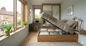 A contemporary velvet king-size ottoman bed lifted up to reveal spacious under-bed storage for spare bedding in a compact room.