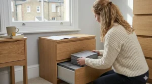 A woman placing a fabric drawer organiser into an open bedroom drawer to begin the organisation process.