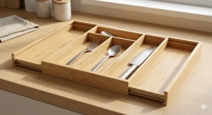 A premium bamboo adjustable width drawer organiser set arranged inside a deep kitchen drawer.