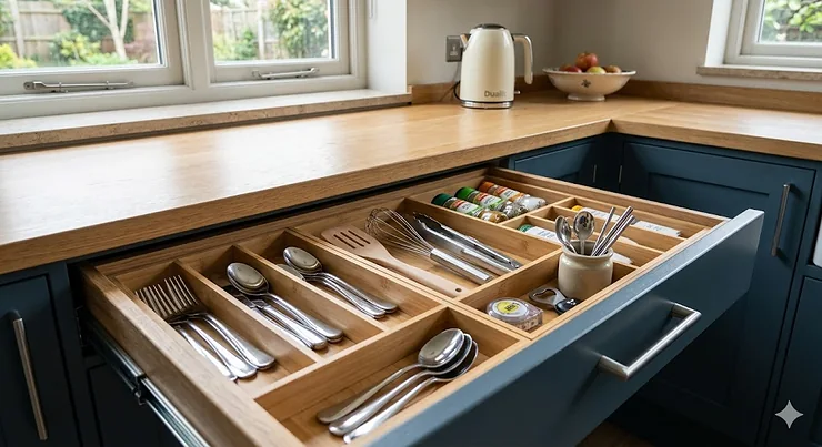 A high-quality set of modular drawer organisers arranged neatly in a kitchen drawer, showcasing a tidy home storage solution. drawer organisers set