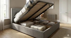 A modern British master bedroom featuring bespoke built-in wardrobes and integrated storage solutions for a clutter-free space.