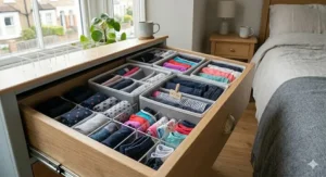 Close-up of honeycomb-style drawer inserts filled with rolled-up socks and tights inside a white wooden wardrobe drawer.