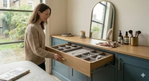 Technical close-up of a high-quality metal soft-close runner installed on a wooden bedroom storage drawer.