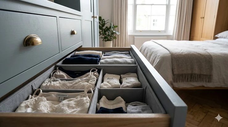 High-quality, soft drawer dividers perfectly organising delicate lingerie and fine fabrics in a modern, clean bedroom chest of drawers. soft drawer dividers for delicates