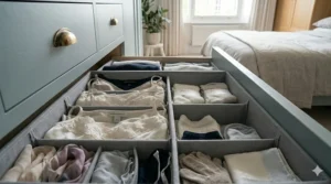 Aesthetic view of a tidy drawer interior featuring soft-sided storage solutions specifically designed for delicate clothing.