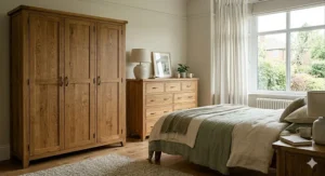 A bright, photorealistic 4K image of a British bedroom featuring a solid oak wardrobe, matching chest of drawers, and an oak bed frame dressed in neutral and sage green linens by a bay window.