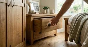 A close-up shot of a person opening a solid oak bedside storage drawer with a metal handle, situated next to a matching oak bed frame and soft green bedding.