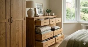 A 4K photorealistic close-up of a seven-drawer solid oak chest of drawers with multiple drawers open, showcasing organised blankets, linens, and clothes in a bright British bedroom.