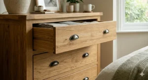 A tight macro shot focusing on the natural wood grain and dark metal cup handles of a solid oak chest of drawers, with one drawer slightly ajar to reveal folded grey linens.