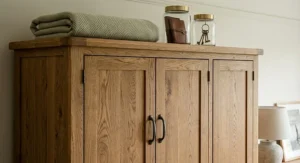 A close-up shot of the top section of a solid oak wardrobe, displaying a neatly folded herringbone blanket and glass storage jars with traditional keys, set against a neutral cream bedroom wall.