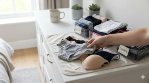 A close-up view of a hand sorting various pieces of underwear into designated 'Keep,' 'Donate,' and 'Discard' piles on a dresser surface, illuminated by natural light.