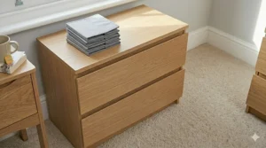 A stack of folded, empty fabric drawer dividers resting on top of a wooden chest of drawers.