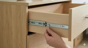 Alt text for image 3: Close-up illustration of the smooth-running metal drawer tracks and internal storage depth of the bedside unit.