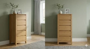 A slim tall chest of drawers tucked into a narrow bedroom corner to save floor space.