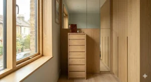A slim, five-drawer tallboy chest of drawers providing vertical clothing storage in a narrow bedroom.