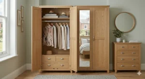 A large three-door wardrobe with an integrated mirror, part of a coordinated bedroom furniture collection.