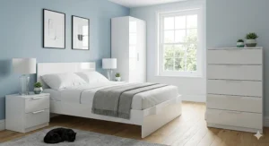 Traditional solid pine bedroom furniture collection featuring classic bun feet and round wooden handles on a chest of drawers.