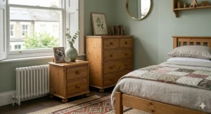 A classic pine chest and bedside table set with bun feet and round handles, ideal for a traditional country-style home.