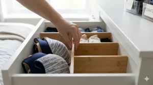 A photorealistic close-up view of a hand carefully adjusting bamboo drawer dividers inside a white dresser drawer to neatly organize a row of matching, nested bras, illuminated by bright natural light.