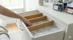 A photorealistic close-up view of a hand carefully smoothing down a decorative fabric drawer liner inside an empty white dresser drawer, preparing the space for organisation, illuminated by natural daylight.