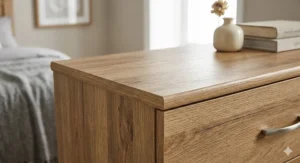 Full value bedroom furniture set in light oak featuring a double bed frame, three-door wardrobe, and bedside chest.