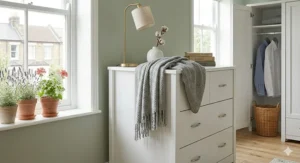 A fully furnished UK bedroom featuring a light oak value bedroom furniture set with a matching bed frame and wardrobe.
