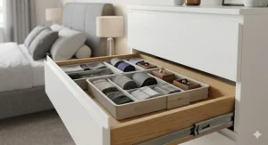 A versatile adjustable drawer organiser holding varied kitchen utensils and small tools.