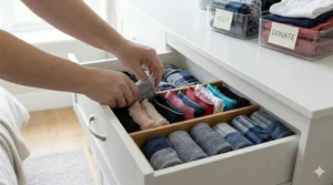 A photorealistic close-up view of a hand carefully inserting a piece of vertically folded underwear into a section created by a bamboo divider within an open dresser drawer, showcasing a compact and organized storage solution in a bright bedroom.