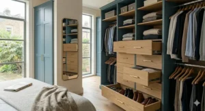 Comprehensive walk-in wardrobe system featuring open shelving and premium soft close drawers for clothing storage.