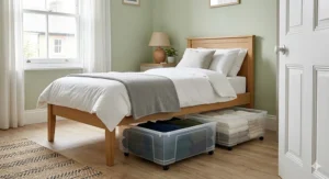 An industrial-style black metal wall-mounted clothes rail used as an alternative to a bulky wardrobe in a studio apartment.