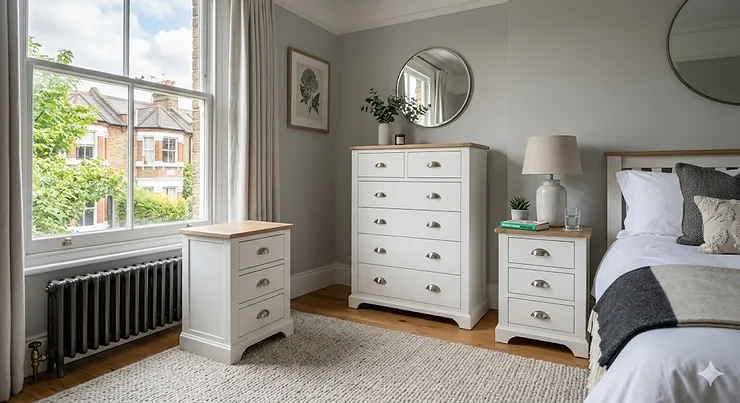 A stylish white chest and bedside table set arranged in a contemporary British bedroom with natural light and neutral decor. chest and bedside table set