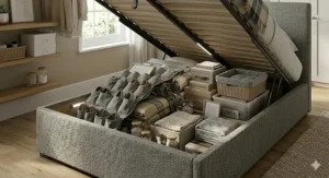 A classic wooden blanket box positioned at the foot of a bed, offering stylish storage for extra linens.