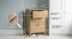 Dimension diagram for a narrow 3-drawer chest, showing width and height.