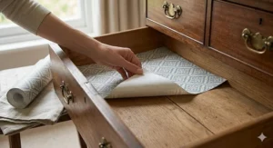 Self-adhesive drawer lining paper with a classic pattern, shown being applied to the base of a bedroom dresser.