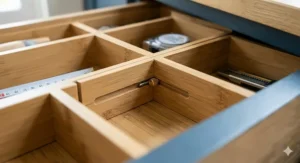 Close-up of adjustable bamboo drawer dividers showing the tension mechanism.