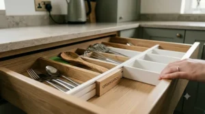 Close-up of an affordable drawer organisation kit showing how the adjustable dividers fit different drawer sizes.