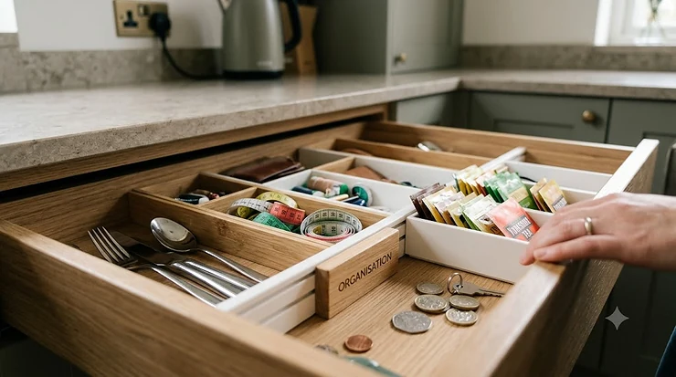 A fully stocked, tidy drawer featuring an affordable drawer organisation kit with adjustable dividers. affordable drawer organisation kit