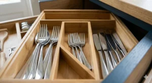 Eco-friendly bamboo cutlery tray with separate compartments for knives and forks.
