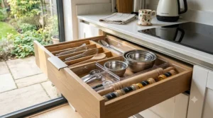 A set of adjustable bamboo drawer dividers used to organise cutlery and utensils in a standard kitchen drawer.